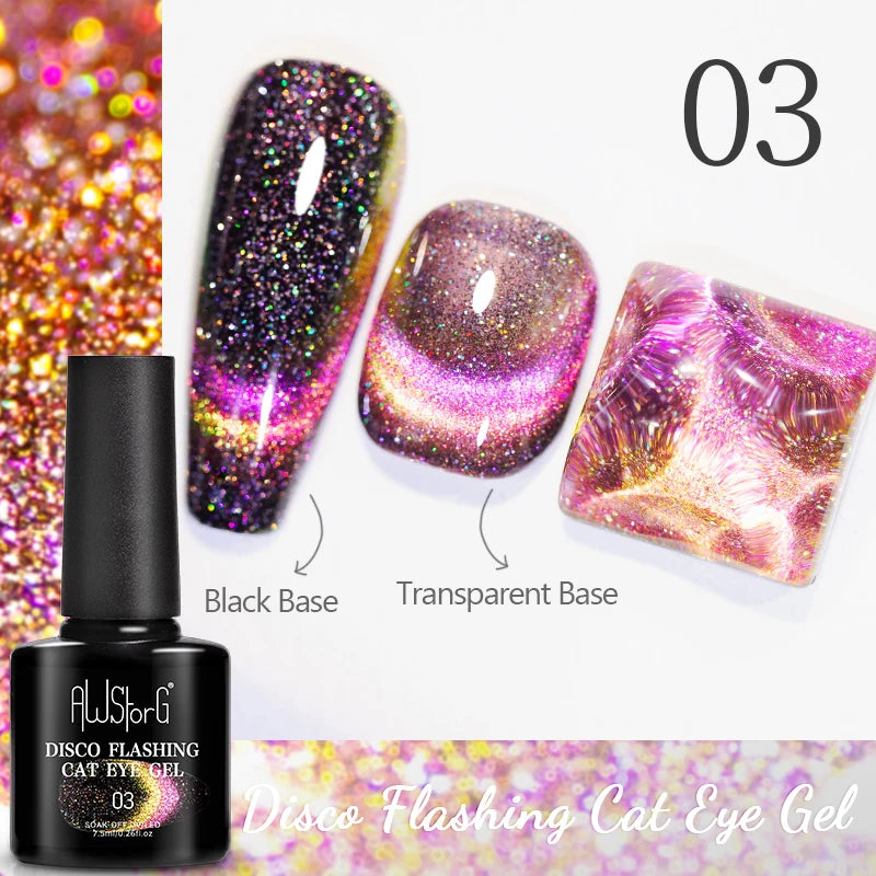 AWStorG 7.5ML Golden Gradient Cat Eye Magnetic Gel Sparkling Glitter Nail Polish Semi Permanent UV Nail Art No Need Base Color