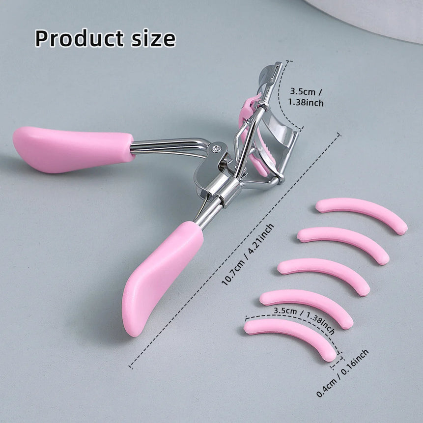 Portable eyelash curler with 5 silicone pads, pink stainless steel with comb curling tool for eyelash extension, eyelash curler