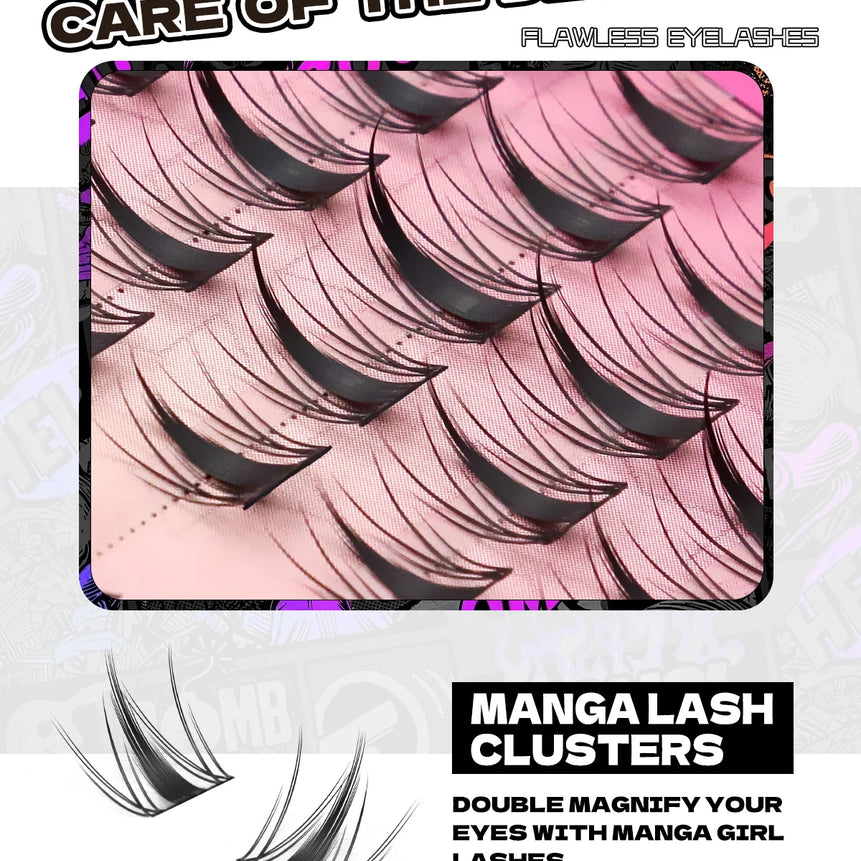 GROINNEYA Manga Lash Clusters Kit Cat Lashes with Lash Bond & Seal Cluster Eyelash Extensions Eyelash Clusters Kit DIY Lashes