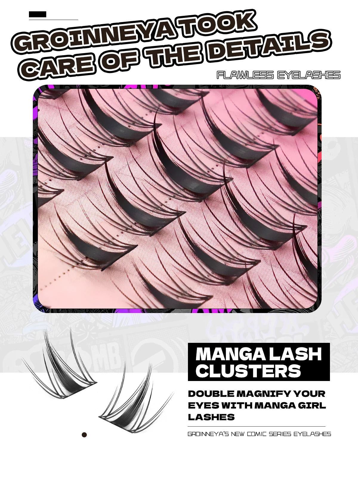 GROINNEYA Manga Lash Clusters Kit Cat Lashes with Lash Bond & Seal Cluster Eyelash Extensions Eyelash Clusters Kit DIY Lashes