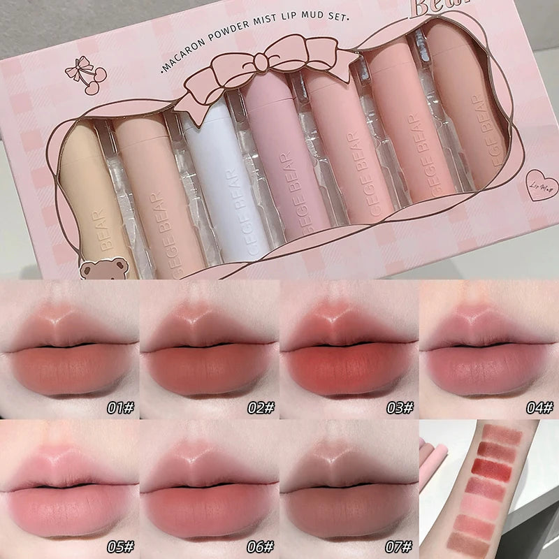 Dark Brown Matte Velvet Lip Mud Gloss Gege Bear Dark lipstick Non-stick Cup Lasting Nude Brown Lips Tint for Fall&Winter