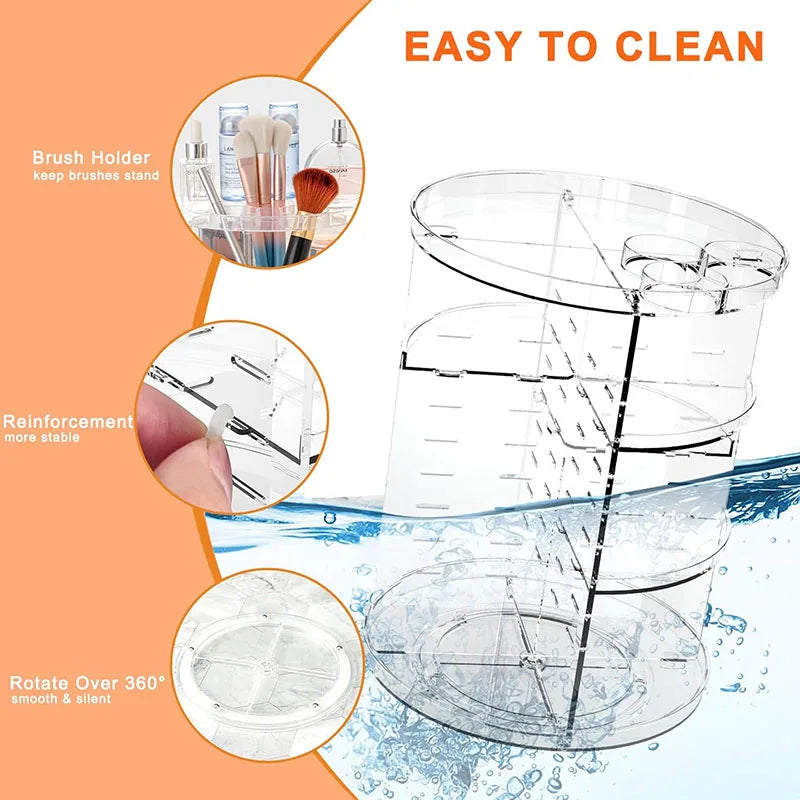Rotating Makeup Organizer, Cosmetic Display Case with Brush Holder Perfume Tray, Storage Carousel for Vanity Bathroom Countertop