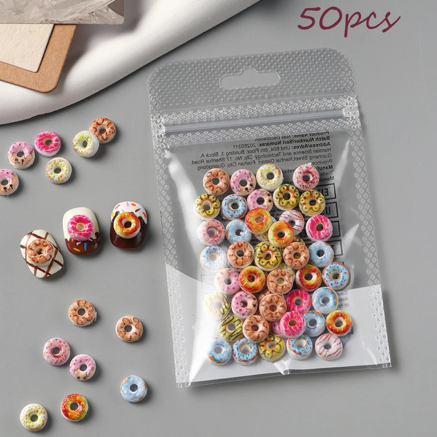 50/100pcs Donut Nail Charms Flatback Decorations - Colorful Rhinestone Sprinkles & Cream Nail Art DIY Beads Cute Gems Nail Art