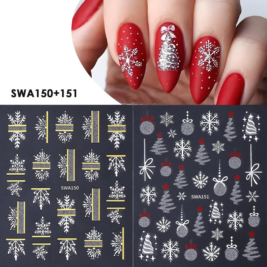 2pcs Sparkle Silver Winter Nail Sticker Geometry Snowflakes Xmas Tree Decorative Balls Adhesive Sliders Christmas Manicure Decal
