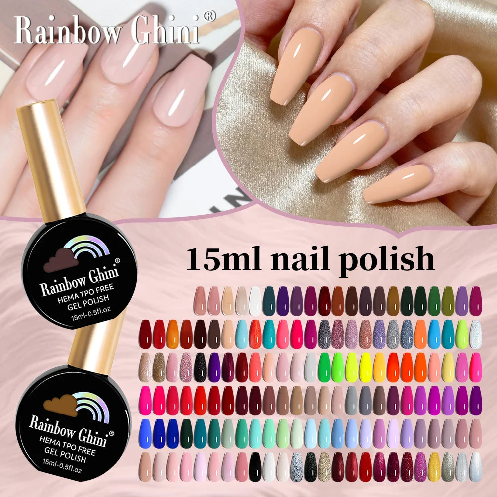 Rainbow Ghini 15ML 146 Colors Long-Lasting Colorful Gel Nail Polish Professional UV/LED Gel Polish Base Coat Matte Top Coat