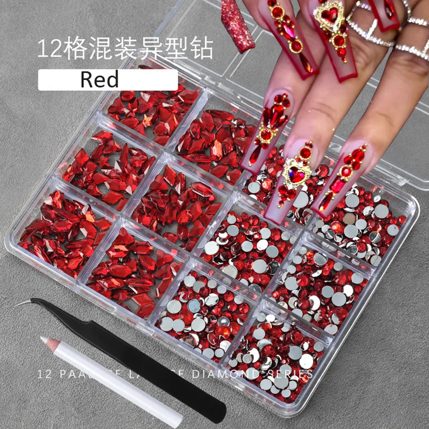 12Grids(400-500pc) 3D White Flat-Back Nail Art Rhinestones Irregular Resin Gems Nail Jewels for Face Eye Makeup Nail Decorations
