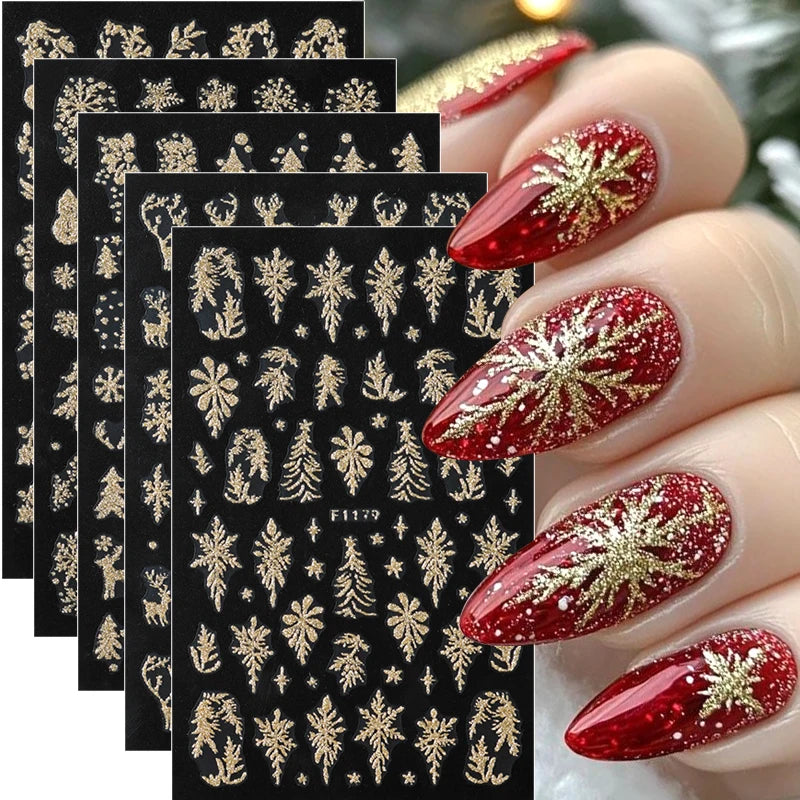 5pcs Sparkling Gold Glitter Christmas Nail Stickers Shiny Snowflake Xmas Tree Deer Polish Sliders Winter New Year Nail Art Decal