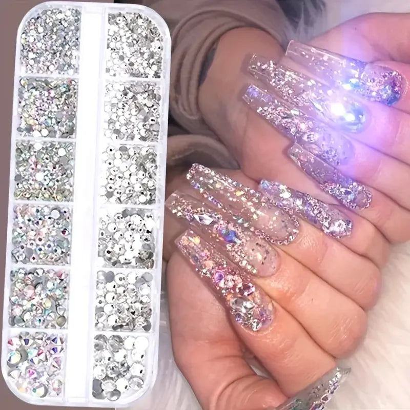 Boxed 3D Flat Back Nail Rhinestones Nail Gems Glass AB & Clear Crystal Rhinestones Kit Nail Art Charms DIY Manicure Accessories