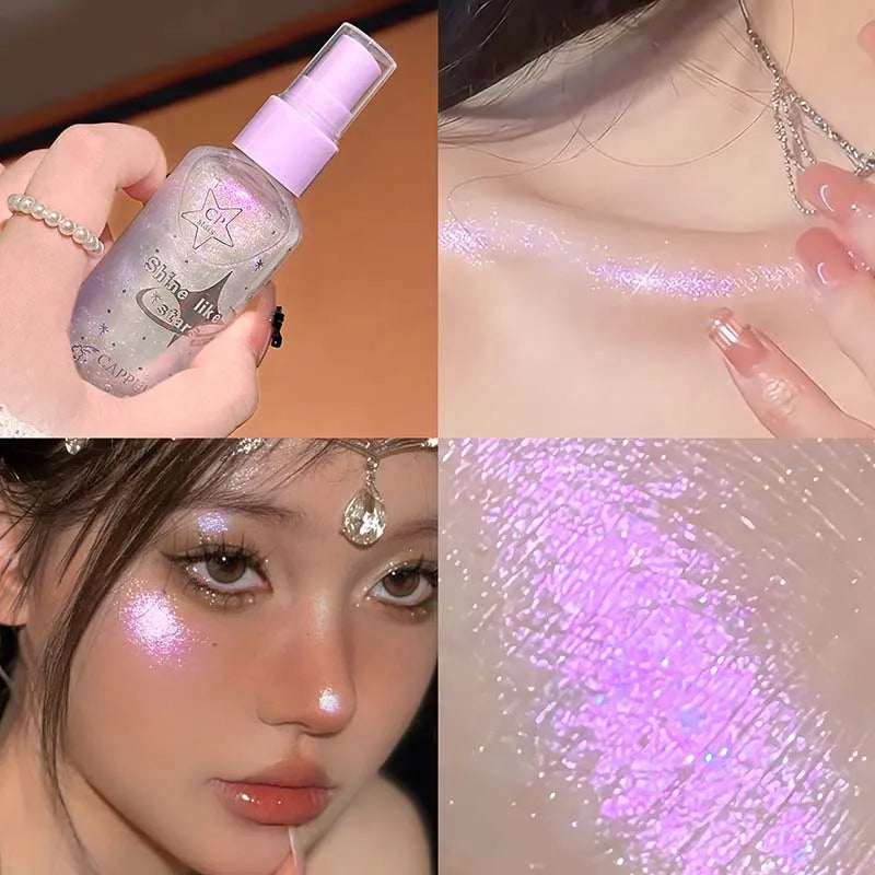 Instantly Covered with Sparkling Liquid Highlight Spray Moonlight White Lasting Shiny Face and Body Night Club Sparkling Makeup