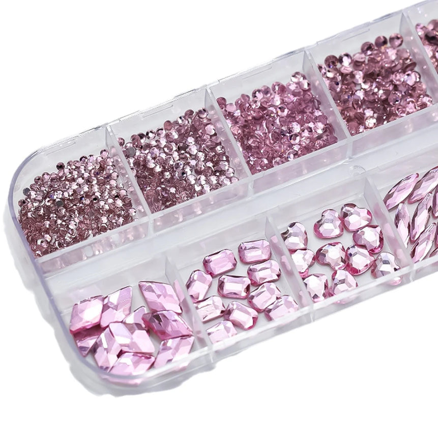 12Grids Pink Mixed Nail Rhinestones Luxury Nail Charms Glitter Crystal Jewelry Gems Nail Art Decoration Manicure Rhinestones