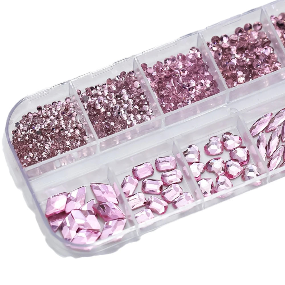 12Grids Pink Mixed Nail Rhinestones Luxury Nail Charms Glitter Crystal Jewelry Gems Nail Art Decoration Manicure Rhinestones