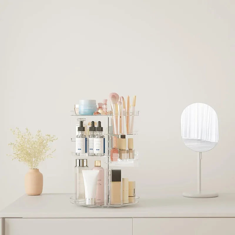 Rotating Makeup Organizer, Cosmetic Display Case with Brush Holder Perfume Tray, Storage Carousel for Vanity Bathroom Countertop