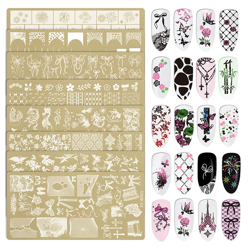 12x6cm Golden Rectangular Nail Stamping Plates Bowknot Butterfly Flower Fireworks Designs Nail Art Template For DIY Nail Decor