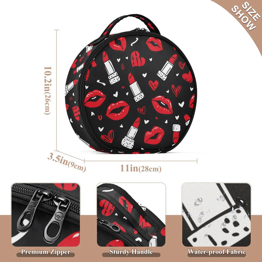 Round hard partition Cosmetic Bag Organizer Women Travel Make Up mouth lipstick pattern Cosmetics Suitcases Makeup Toiletry Bag