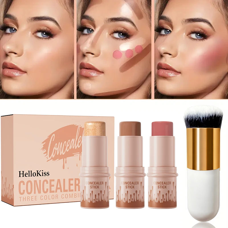3pcs Concealer Sticks Set with Brush, Highlighter & Bronzer & Blush Sticks Brighten The Face, Waterproof Suitable for Christmas