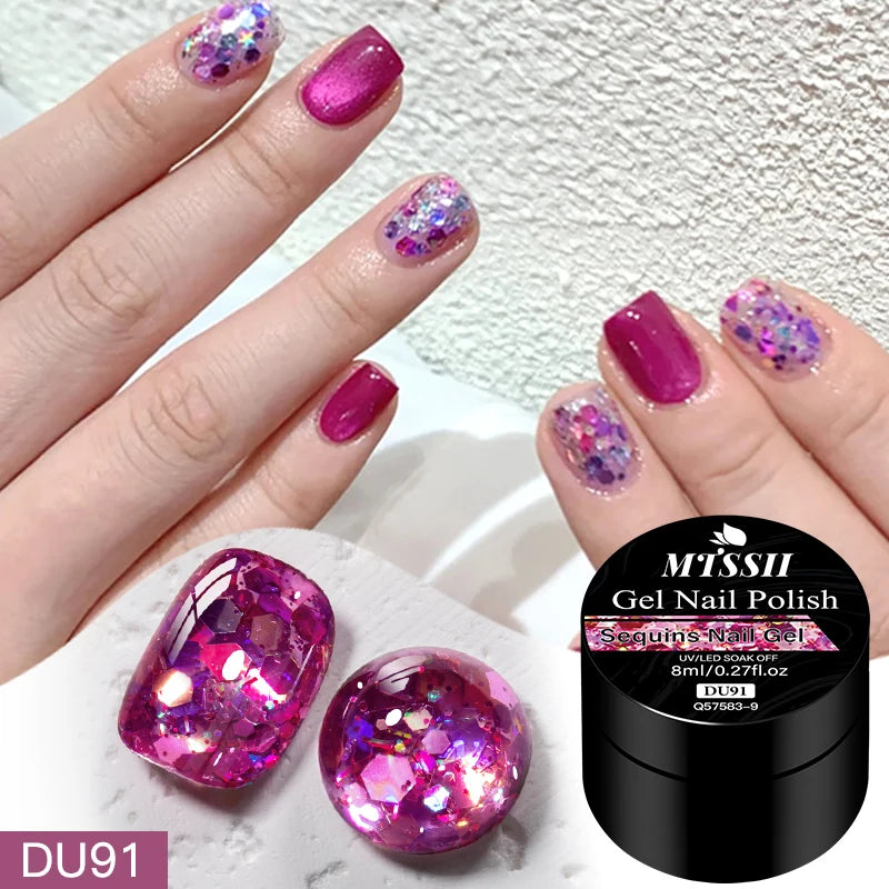 8ml Sequins Nail Gel Nail Polish Vibrant Blue Pink Colors Glitter Semi Permanent Soak Off UV LED Nail Art Varnish For Manicure