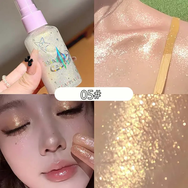 Diamond Face Body Glitter Spray Makeup Champagne Violet Bronzer Liquid Highlighter Flash Spray Shimmer Face Body Hair Makeup