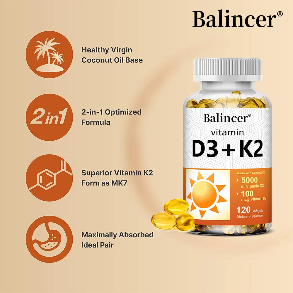 Vitamin D3 + K2 with Organic Virgin Coconut Oil, Vegan D3 (5000iu) with MK7 Vitamin K2 (100mcg), Supports Bone Health Supplement