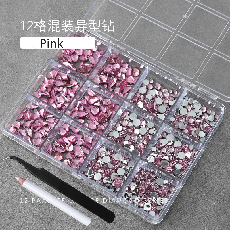12Grids(400-500pc) 3D White Flat-Back Nail Art Rhinestones Irregular Resin Gems Nail Jewels for Face Eye Makeup Nail Decorations