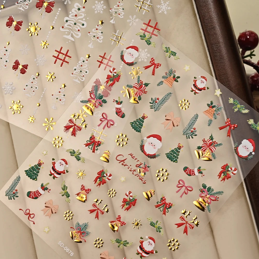 5D Red Bowknot/Gold Snowflakes/Christmas Tree Nail Stickers Cute White Snowflake Bow Christmas Nail Decals New Year Nail Supplie
