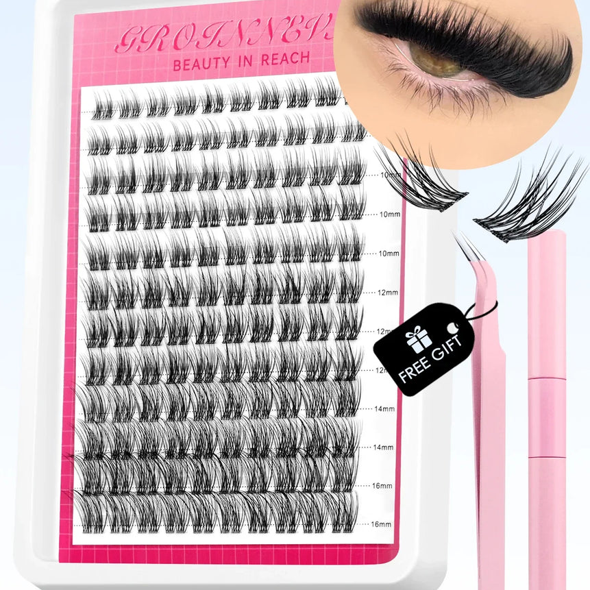 GROINNEYA Lash Clusters Kit Fluffy Individual Lashes C Curl Cluster DIY Lash Extension Kit Lash Bond and Seal Eyelash Extensions