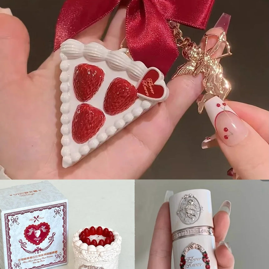 Fower Knows Strawberry Cupid Cosmetic Set Lipstick Blusher Setting Powder Gift Special Present for Girl Christmas Festival