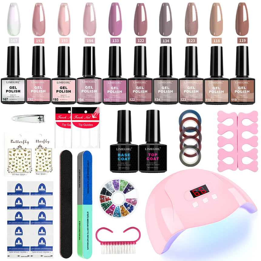 LIMEGIRL 8ml Gel Nail Polish Kit UV Soaking Gel Primer Polish Manicure Kit with UV LED Lamp Dryer Semi-Permanent Gel Varnish Kit
