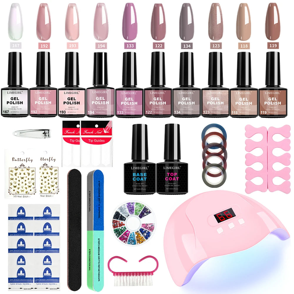 LIMEGIRL 8ml Gel Nail Polish Kit UV Soaking Gel Primer Polish Manicure Kit with UV LED Lamp Dryer Semi-Permanent Gel Varnish Kit