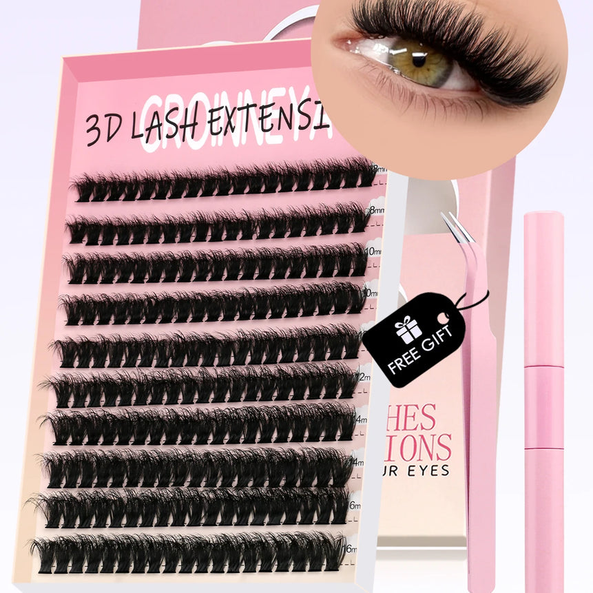 GROINNEYA DIY Lash Kit 10-18mm Manga Lashes Mixed Tray Lash Clusters Individual Eyelashes Kit with Lash Bond DIY Lashes