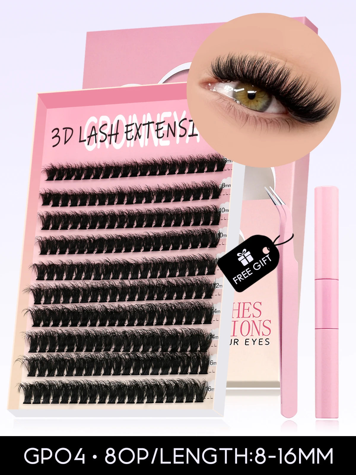 GROINNEYA DIY Lash Kit 10-18mm Manga Lashes Mixed Tray Lash Clusters Individual Eyelashes Kit with Lash Bond DIY Lashes