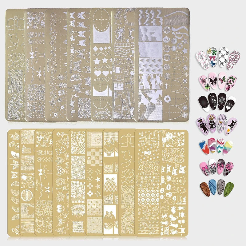 Gold Nail Stamping Plates Bow Lace Butterfly Flower Leaf Stainless Steel Stencil Nail Art Stamps Geometry Template Transfer Mold