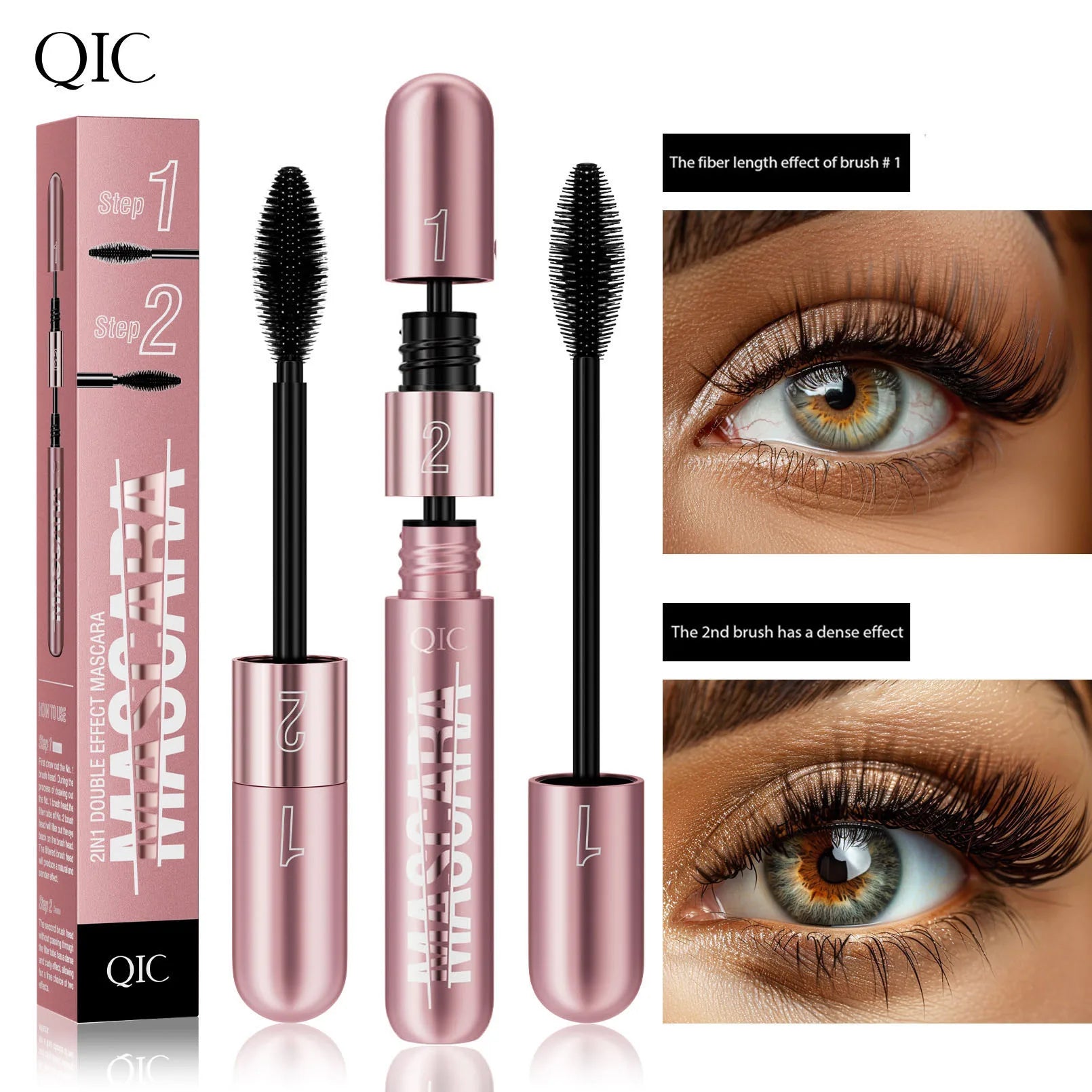 QIC new rose gold double-effect mascara, dense and slender two-in-one waterproof and non-smudging curled mascara.