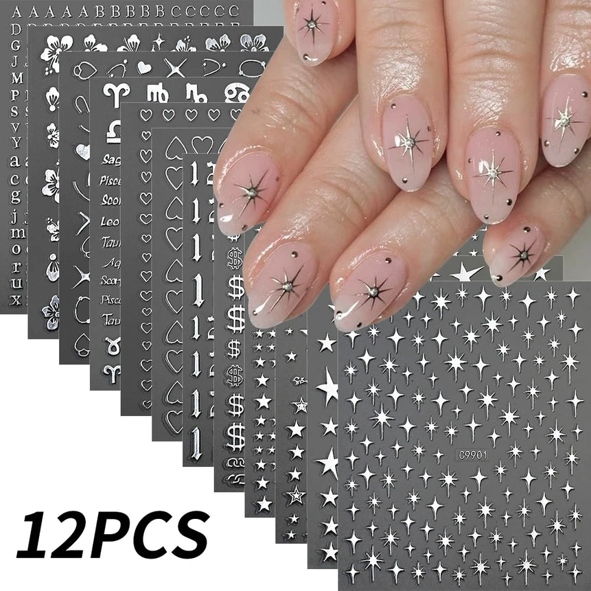 12Pcs 3D Gold Sliver Stars Nail Stickers Bronzing Starlight Nail Art Decals Self Adhesive Slider Decals DIY Nail Tips Decoration