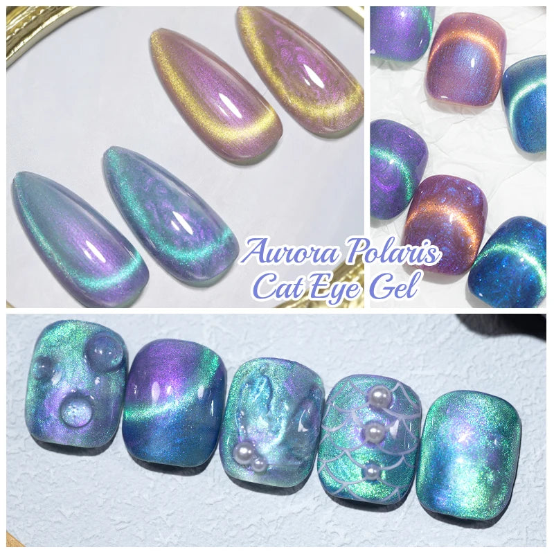 PUENTE 6pcs/set Aurora Shell Thread Cat Magnetic Gel Nail Polish 9D Aurora Glitter Pearl Cat Eye Soak Off UV Nail Art Varnish