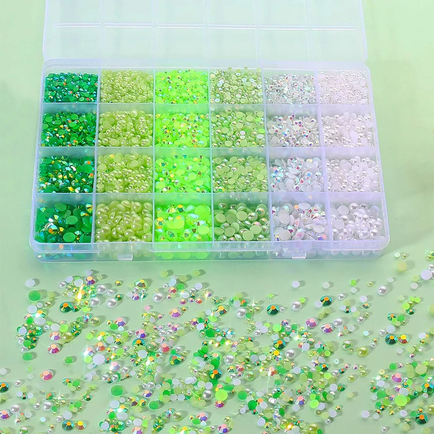 12000PCS Green Flat Back Pearl Rhinestones, Resin Rhinestones for Crafts, Shoes, Nails, Face Art with Tweezer Crayon