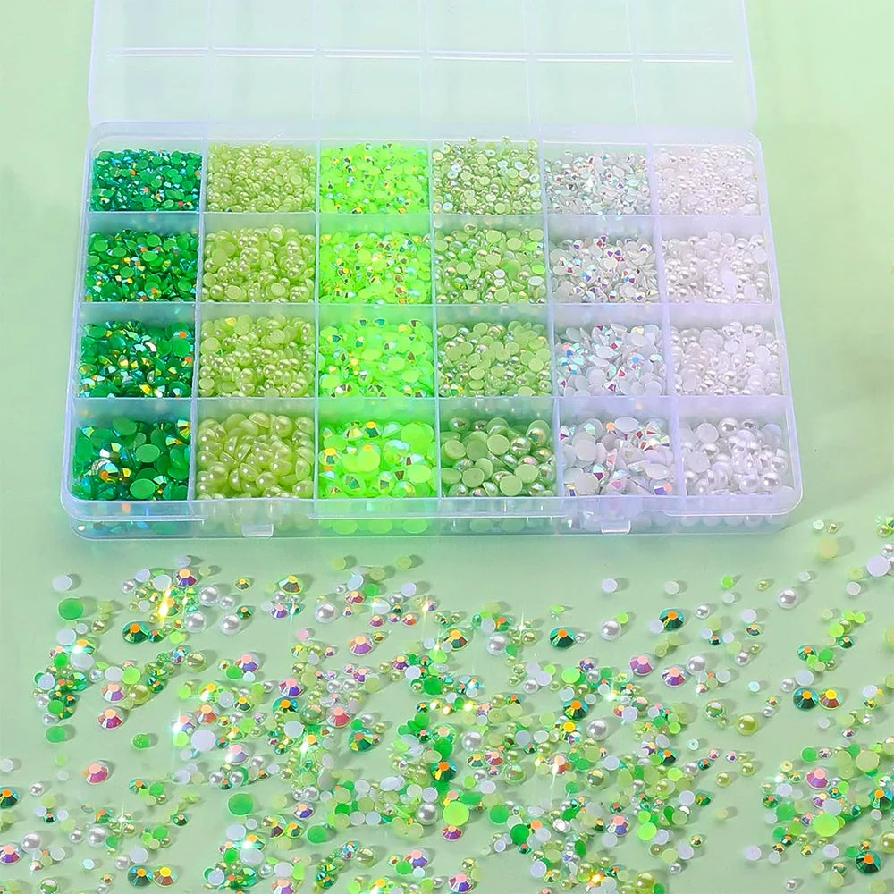 12000PCS Green Flat Back Pearl Rhinestones, Resin Rhinestones for Crafts, Shoes, Nails, Face Art with Tweezer Crayon