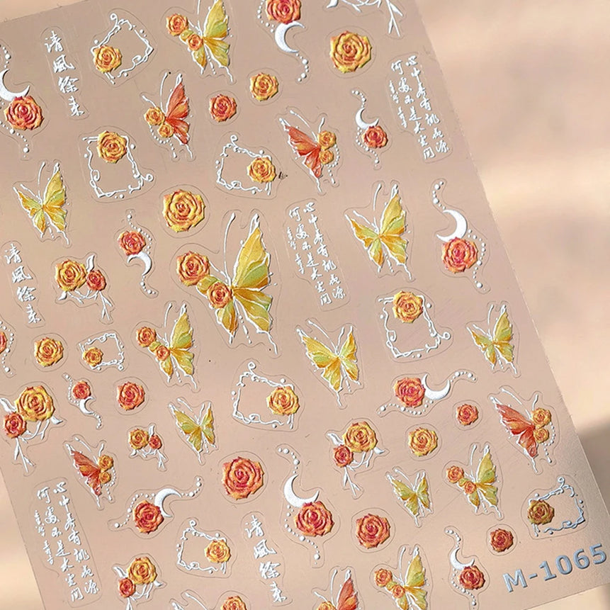 Shiny Jelly Butterfly Charming Golden Gradient Bowknot 5D Self Adhesive Nail Art Sticker Flower Petal Rhinestone Manicure Decals