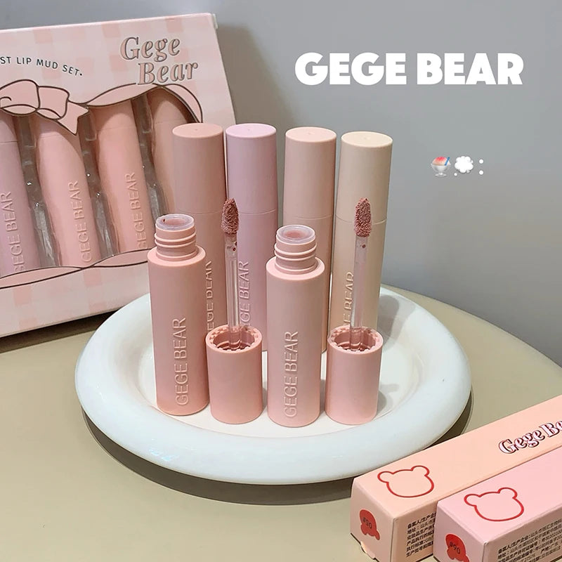 Dark Brown Matte Velvet Lip Mud Gloss Gege Bear Dark lipstick Non-stick Cup Lasting Nude Brown Lips Tint for Fall&Winter