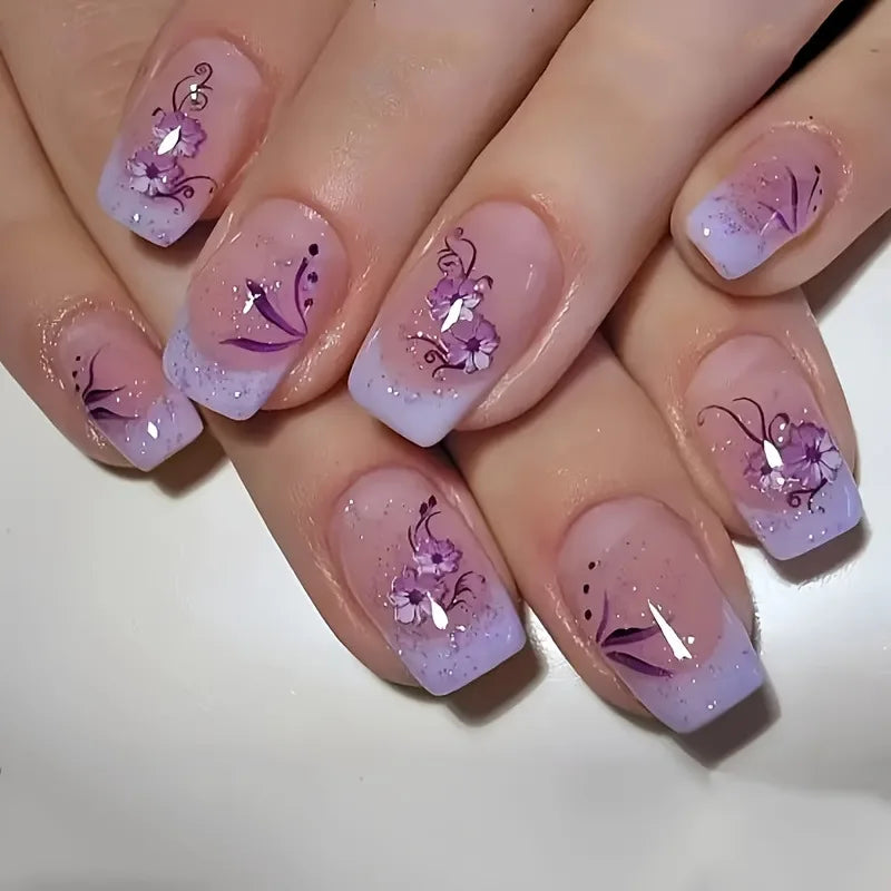 24Pcs Short False Nails with Shimmery Powder Ballet Nail Art Full Cover French Sheer Wearable Nail Manicure Tips for Girls Daily