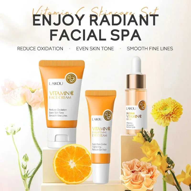 3pcs/set LAIKOU Skin Care Set Vitamin C Sakura Snail Essence Serum & Eye Cream & Face Cream Moisturizer Travel Size Skincare Set