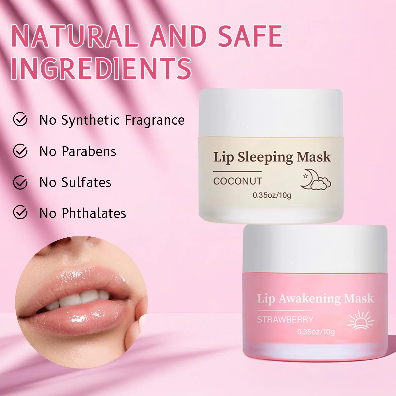 Natural Coconut & Strawberry Lip Mask Duo 20g Set - Day and Night Moisturizing Treatment for Dry and Sensitive Lips