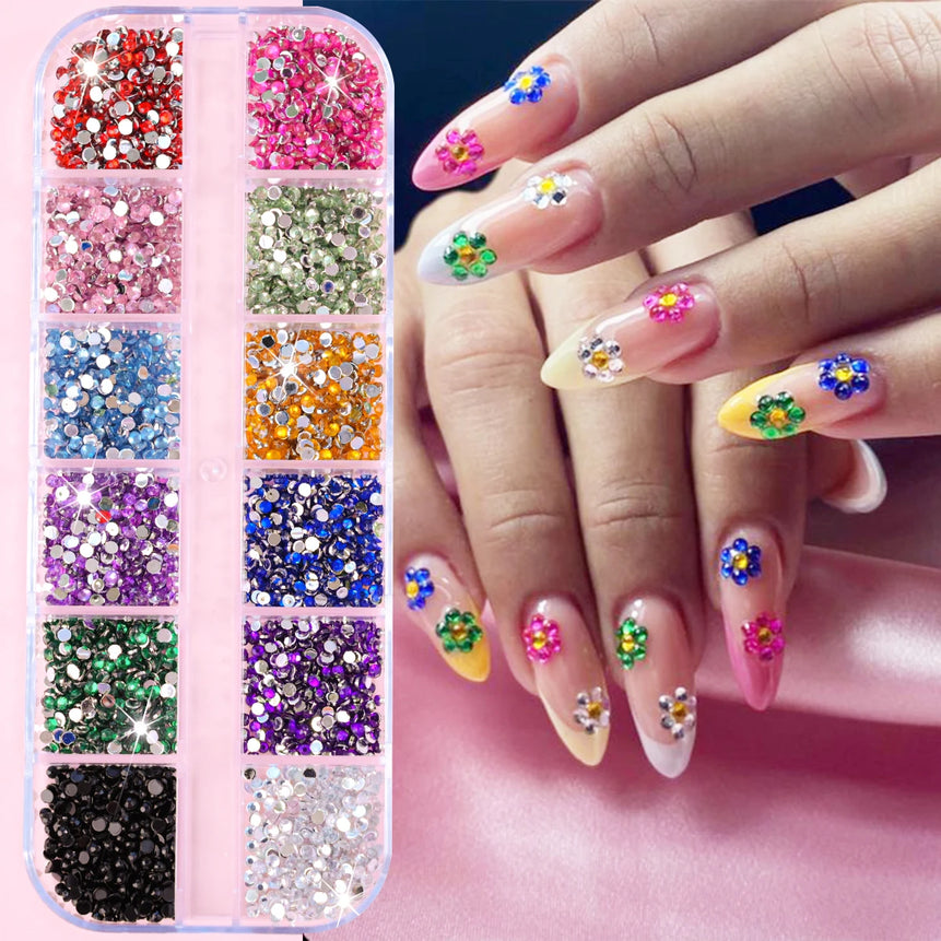 12Grids/Box Five-Petal Flower/Steel Beads Nail Art Charms Mixed-Size Flowers Gold/Silver Ball Rhinestones DIY Manicure Diamonds