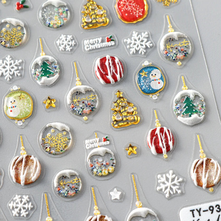 3D Winter Snowflakes Snow Globe Nail Sticker Cute Christmas Snowman Gold Star Nail Art Decals 5D Stickers Decorations Manicure
