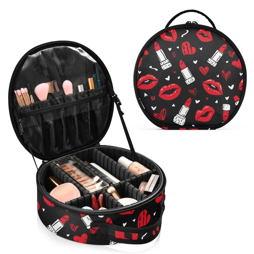 Round hard partition Cosmetic Bag Organizer Women Travel Make Up mouth lipstick pattern Cosmetics Suitcases Makeup Toiletry Bag