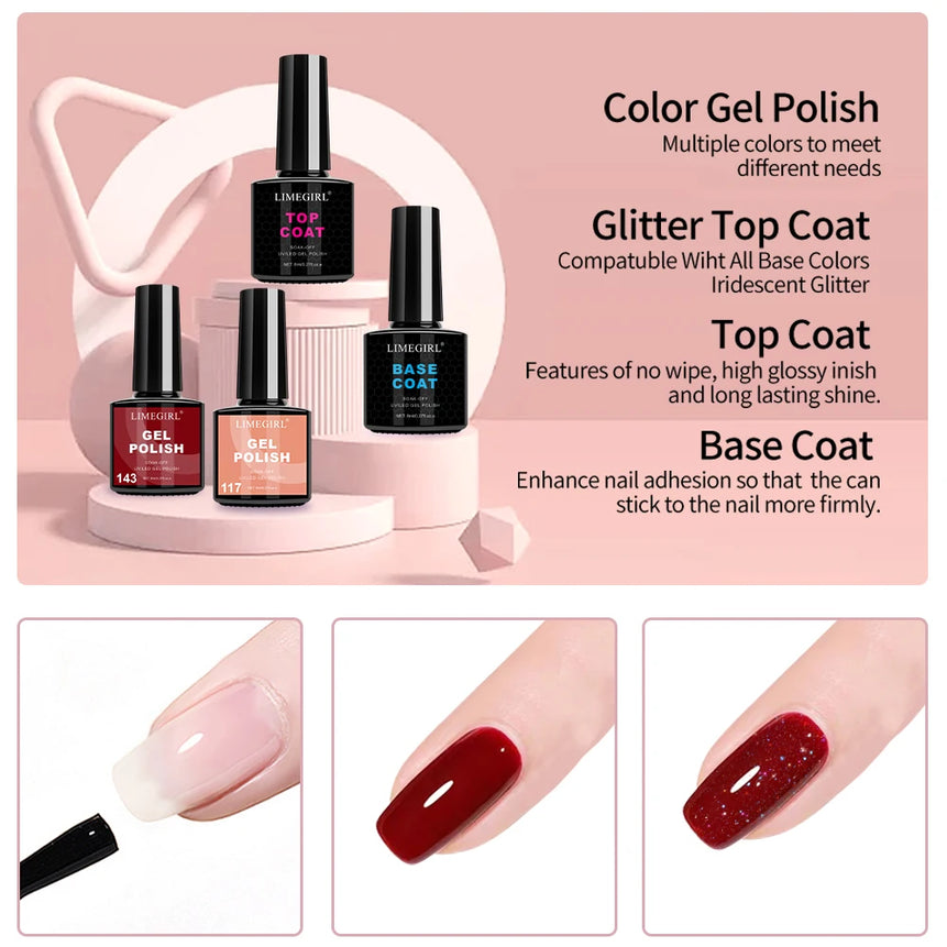 LIMEGIRL 8ml Gel Nail Polish Kit UV Soaking Gel Primer Polish Manicure Kit with UV LED Lamp Dryer Semi-Permanent Gel Varnish Kit