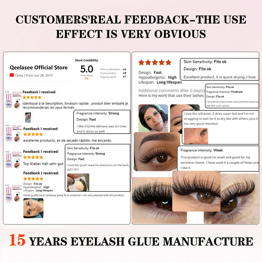 Qeelasee Eyelash Glue 0.3-0.5S Fastest Strongest Waterproof Mild Professional Eyelash Extension Glue