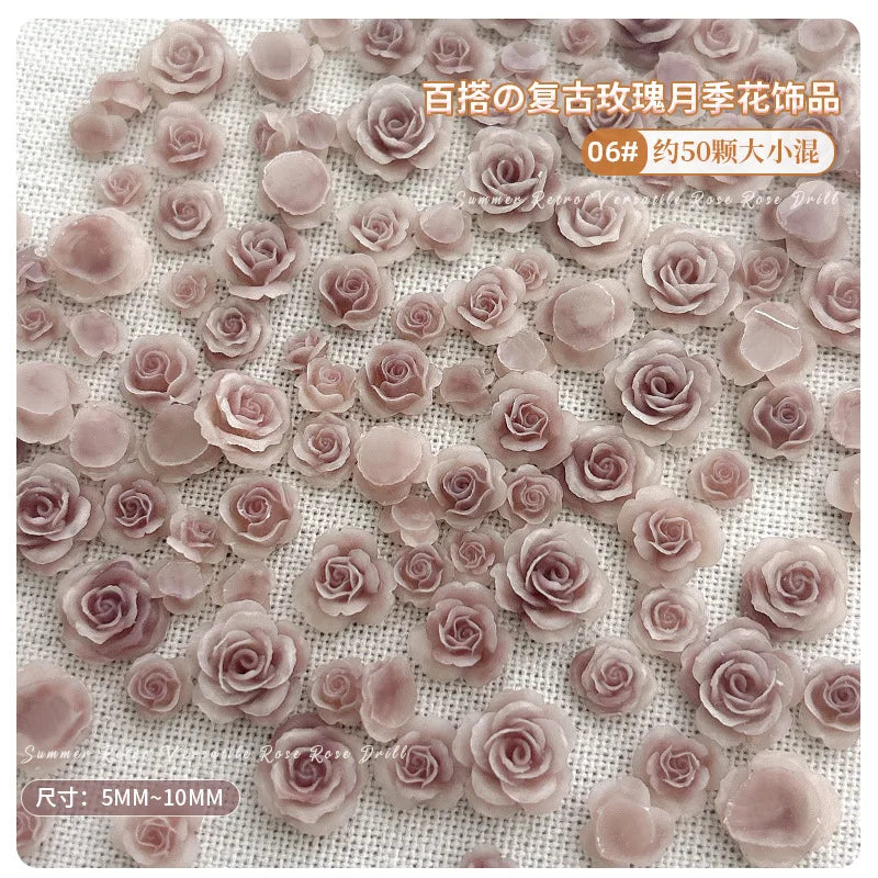 50PCS 3D Mix Sizes Beautiful Blossoming Rose Flowers Resin Adhesive Nail Art Rhinestones Decorations Manicure Kawaii Charms