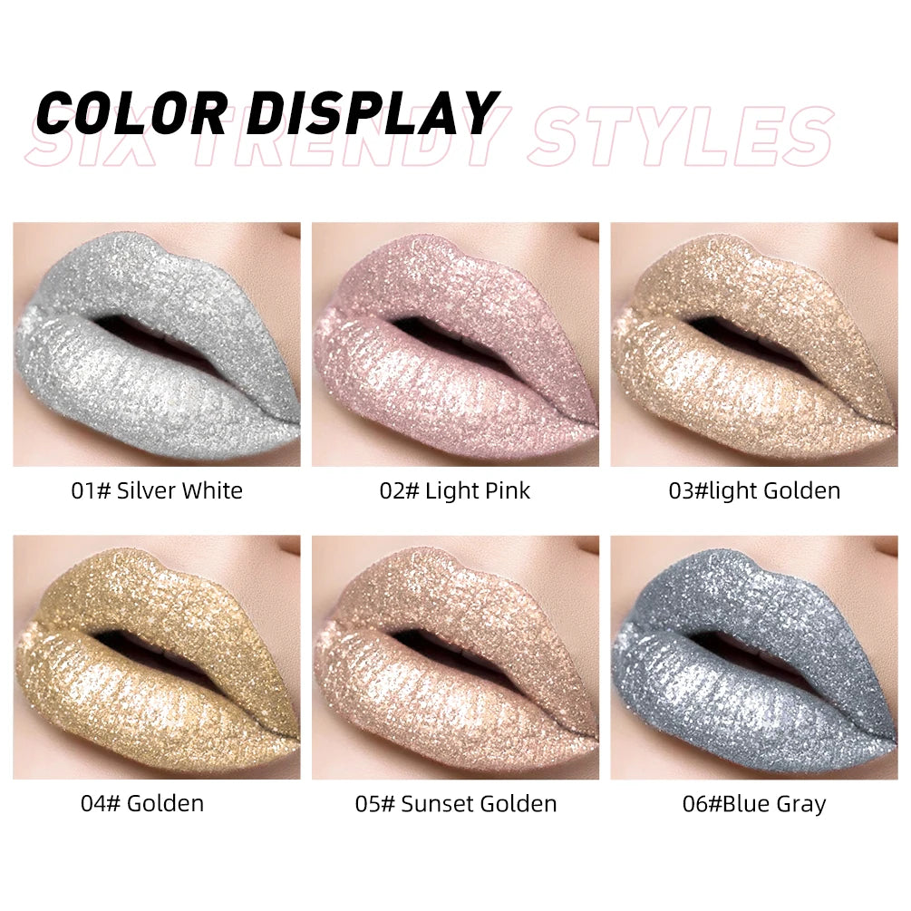 QIBEST 6 Colors Metallic Glitter Diamond Liquid Lipstick Waterproof Long Lasting Pearl Shiny Lip Gloss Charming Women Lip Makeup