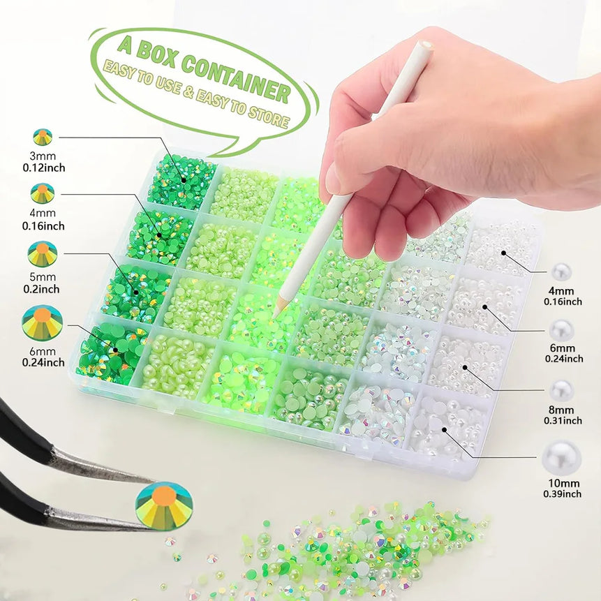 12000PCS Green Flat Back Pearl Rhinestones, Resin Rhinestones for Crafts, Shoes, Nails, Face Art with Tweezer Crayon