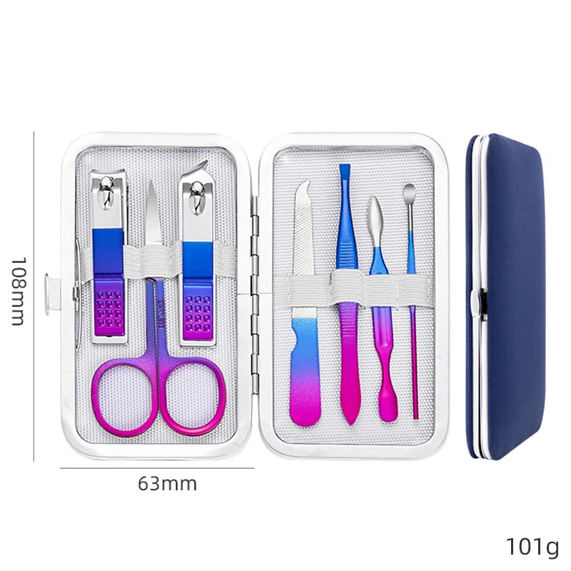 7pcs Manicure Set Pedicure Sets Nail Clippers Tools Stainless Steel Professional Nail Scissors Cutter Travel Case Kit 7in1